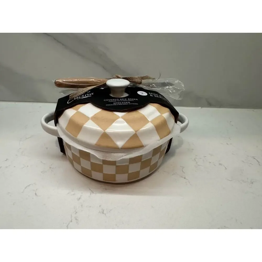 New La Cucina 2-Piece Checkered Mini Brie Baker Set & Spreader Gift Set